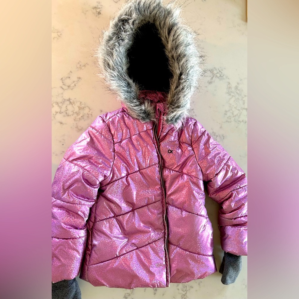 Sparkling Pink Puffer jacket. Great for skiing.